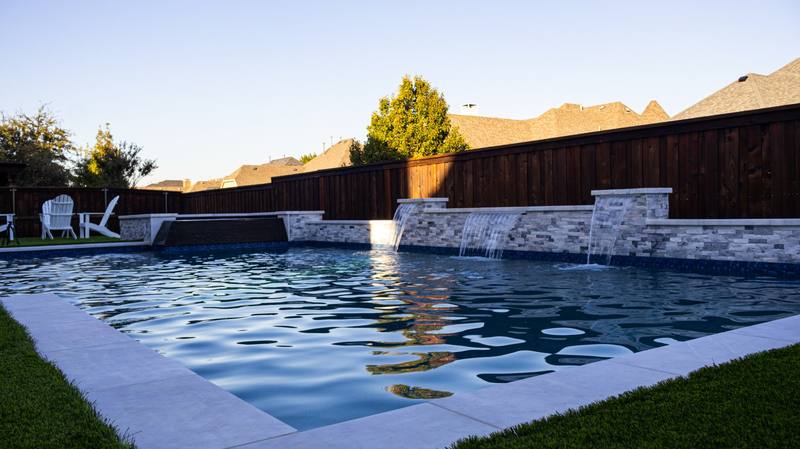 Geometric pool with sheer descent waterfalls — McKinney, TX